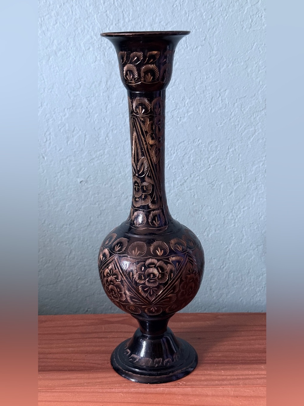 Vintage India Engraved Metal Vase Floral Etched Black Brass 11.5”